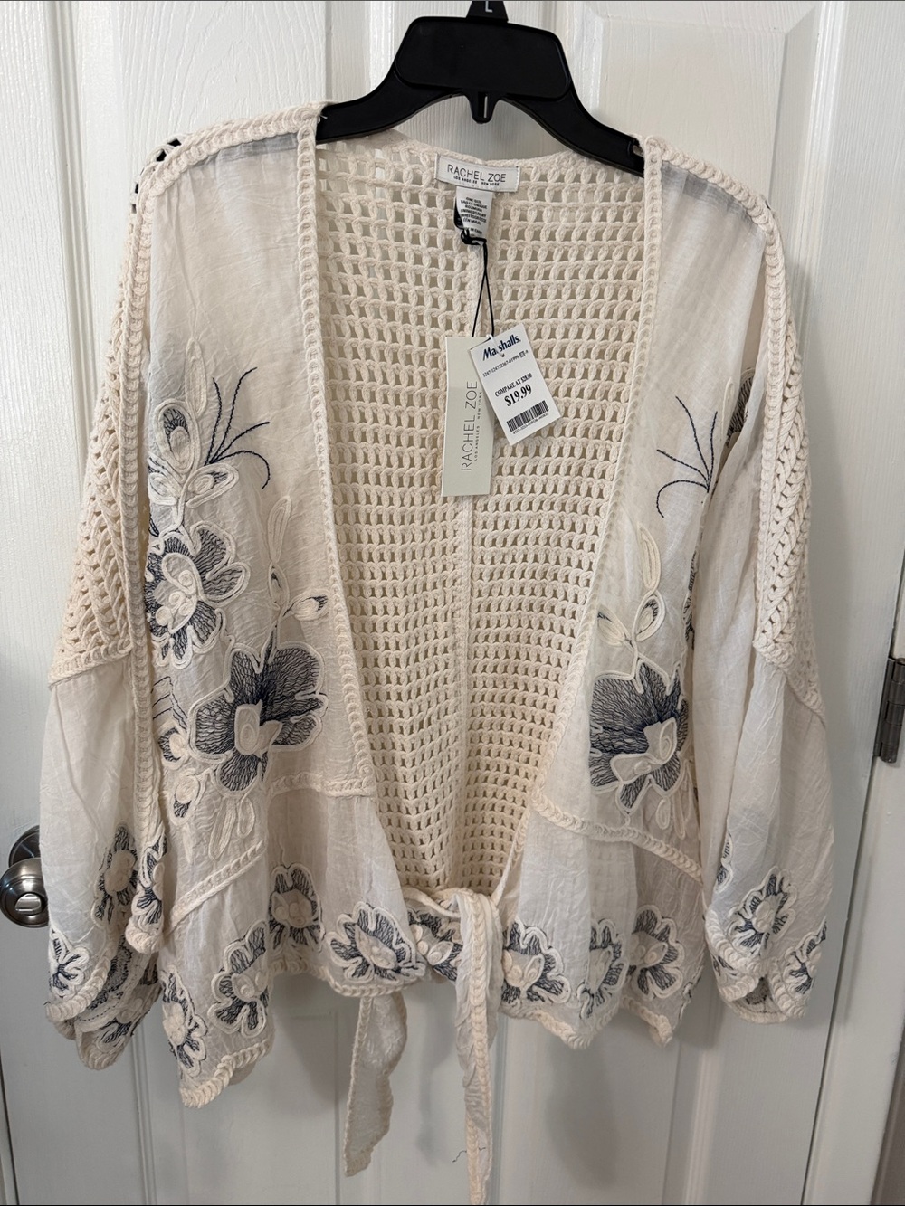 Rachel Zoe Cream Crochet-Back Tie Front Kimono with Navy Floral Embroidery